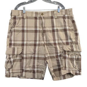 Merona Mens Cargo Shorts Tan Size 40 Plaid Cotton Pockets Belt Loops